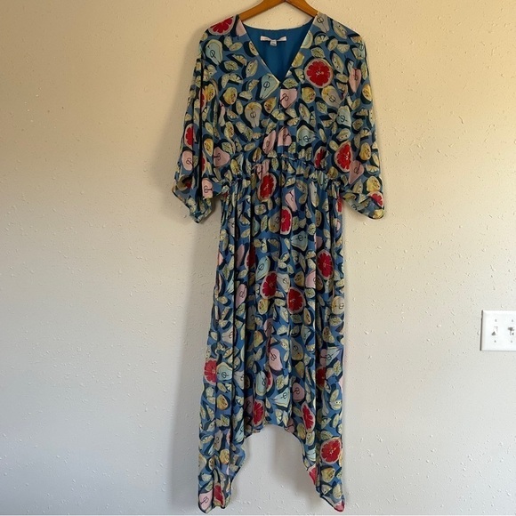 Hutch Blue Fruit Tropical V-Neck Flowy Midi Dress Size 0X Vacation Beach - Picture 2 of 7